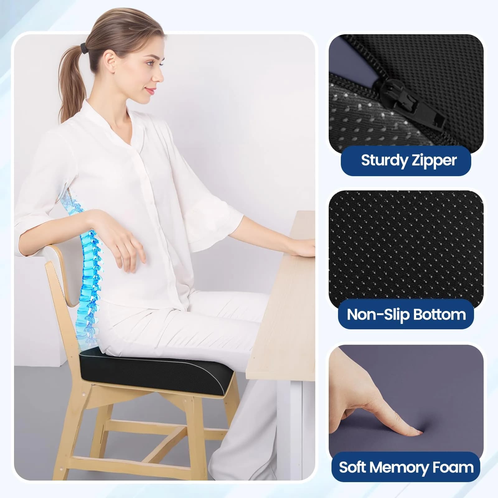 SweetSlubr Black Memory Foam Tailbone Pain Relief Seat Cushion X-Large | Ergonomic Design for Office Chairs, Cars, Airplanes - view 3