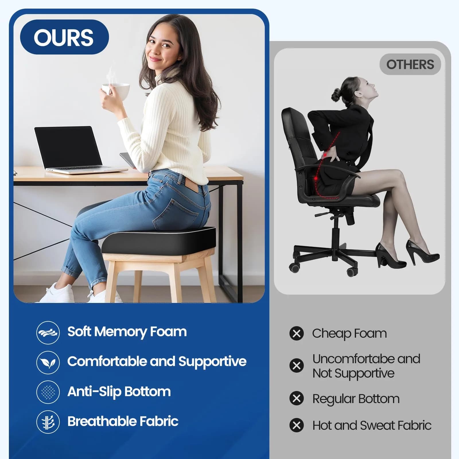 SweetSlubr Black Memory Foam Tailbone Pain Relief Seat Cushion X-Large | Ergonomic Design for Office Chairs, Cars, Airplanes - view 5