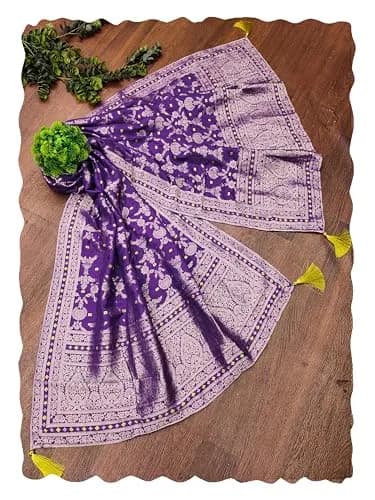TRENDMALLS Women's Banarasi Silk Dupatta 2.25m Purple | Ethnic Floral Zari Weave thumbnail 1