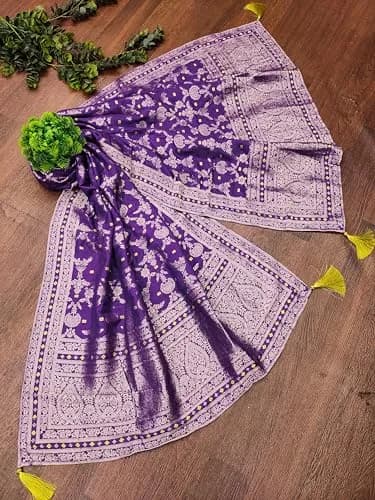 TRENDMALLS Women's Banarasi Silk Dupatta 2.25m Purple | Ethnic Floral Zari Weave thumbnail 5