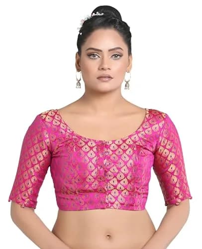 Madhu Fashion Brocade Saree Blouse Pink | Elegant, Non-Padded, Cotton Lined (42) thumbnail 1
