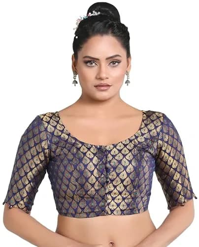 Madhu Fashion Brocade Elbow Length Sleeves Saree Blouse | Navy Blue, Size 32 thumbnail 1
