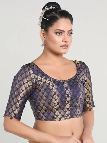 Madhu Fashion Brocade Elbow Length Sleeves Saree Blouse | Navy Blue, Size 32 thumbnail 4