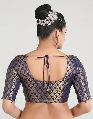 Madhu Fashion Brocade Elbow Length Sleeves Saree Blouse | Navy Blue, Size 32 thumbnail 2