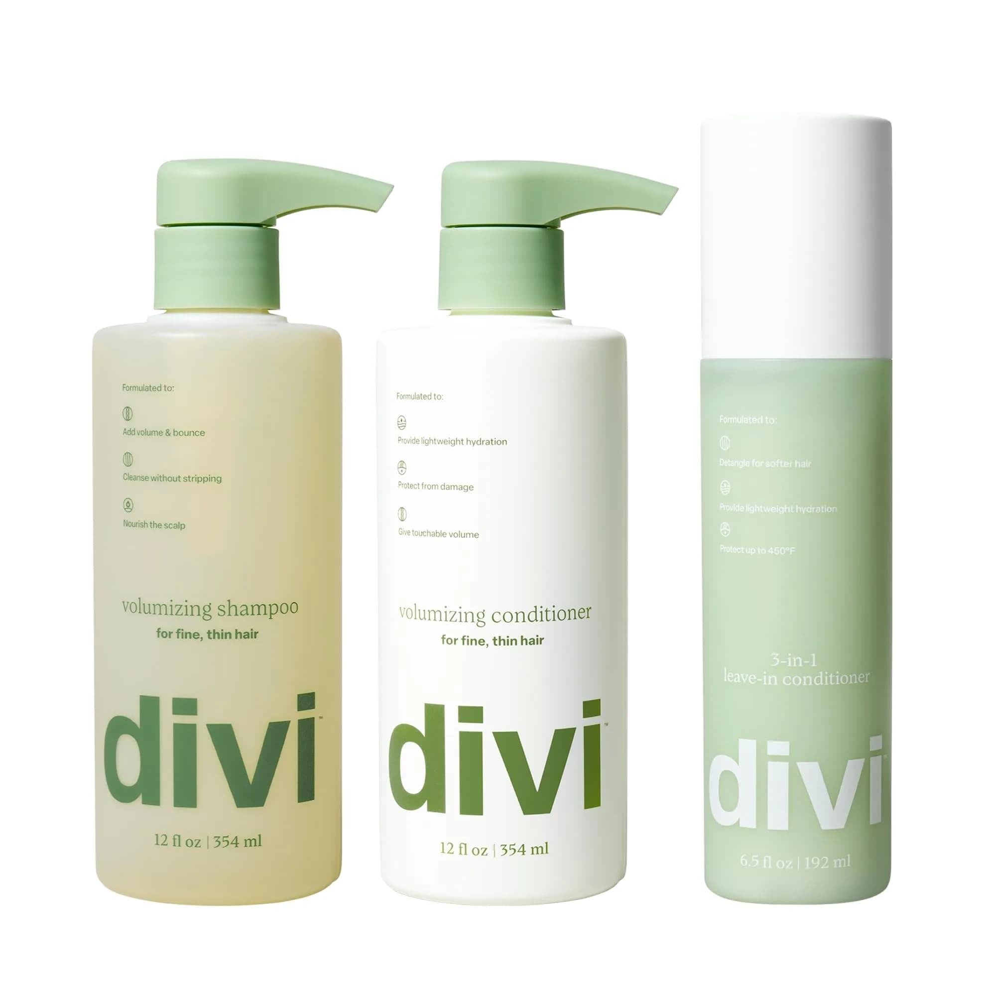 Divi Volumizing 3-pc Set | Fine, Thin Hair | Serum, Shampoo & Conditioner — Volumizing + Leave In