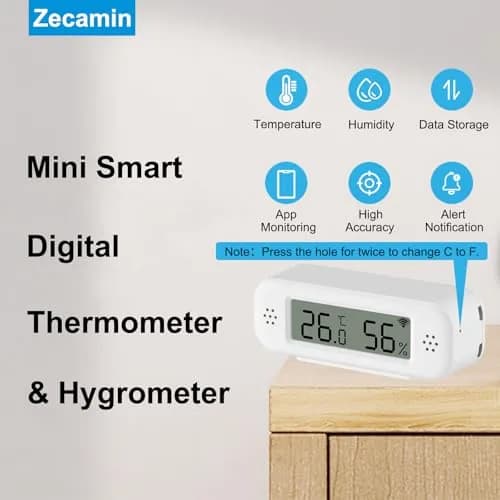Zecamin Digital Thermometer Hygrometer | WiFi Indoor Temp & Humidity with App Alerts thumbnail 2