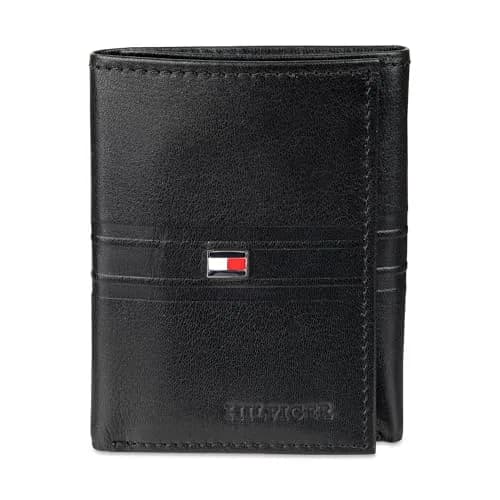 Tommy Hilfiger Stripe Emboss Trifold Wallet Black 8.1cm (3.15in) | RFID Protected Genuine Leather thumbnail 1
