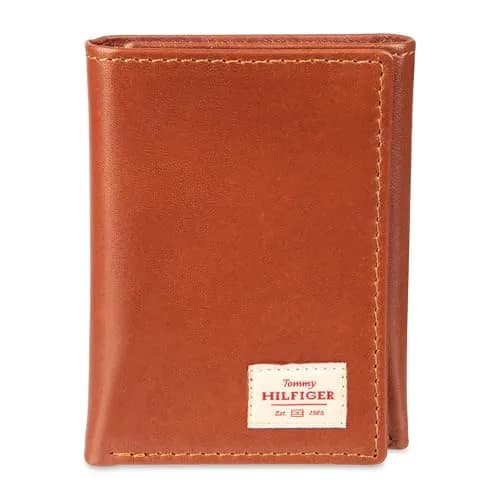 Tommy Hilfiger Men's Patch Logo Trifold Wallet Cognac 8.1cm (3.15in) | RFID Protected Full Grain Leather thumbnail 1