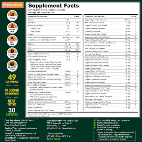 Greens First Original Greens Powder Peach Mango 10.3oz | Trusted Daily Nutrition thumbnail 2