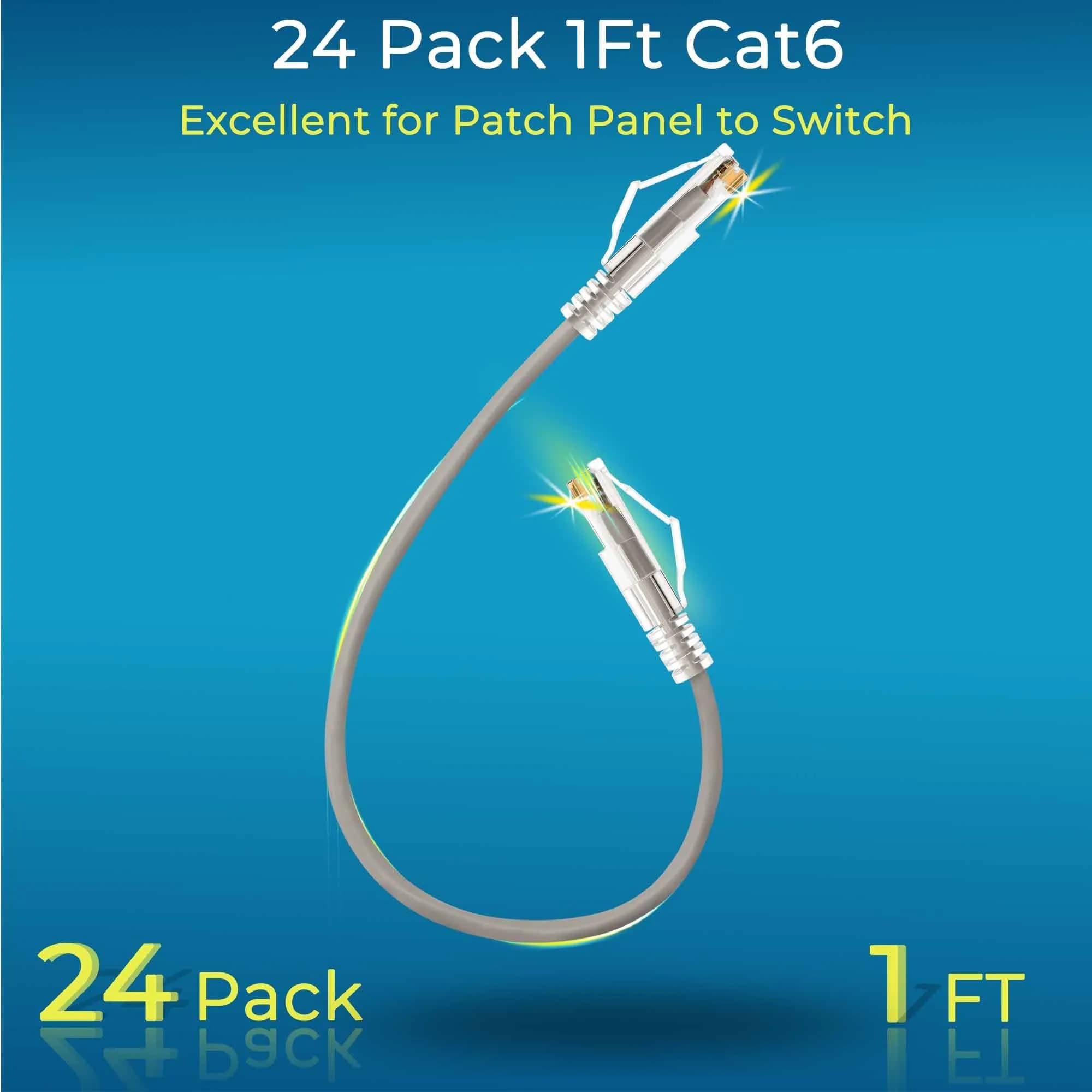 Rapink Cat6a Ethernet Patch Cable 2ft (24 Pack) Slim, 10Gbps 550MHz | Snagless RJ45 Connector, Grey - view 2