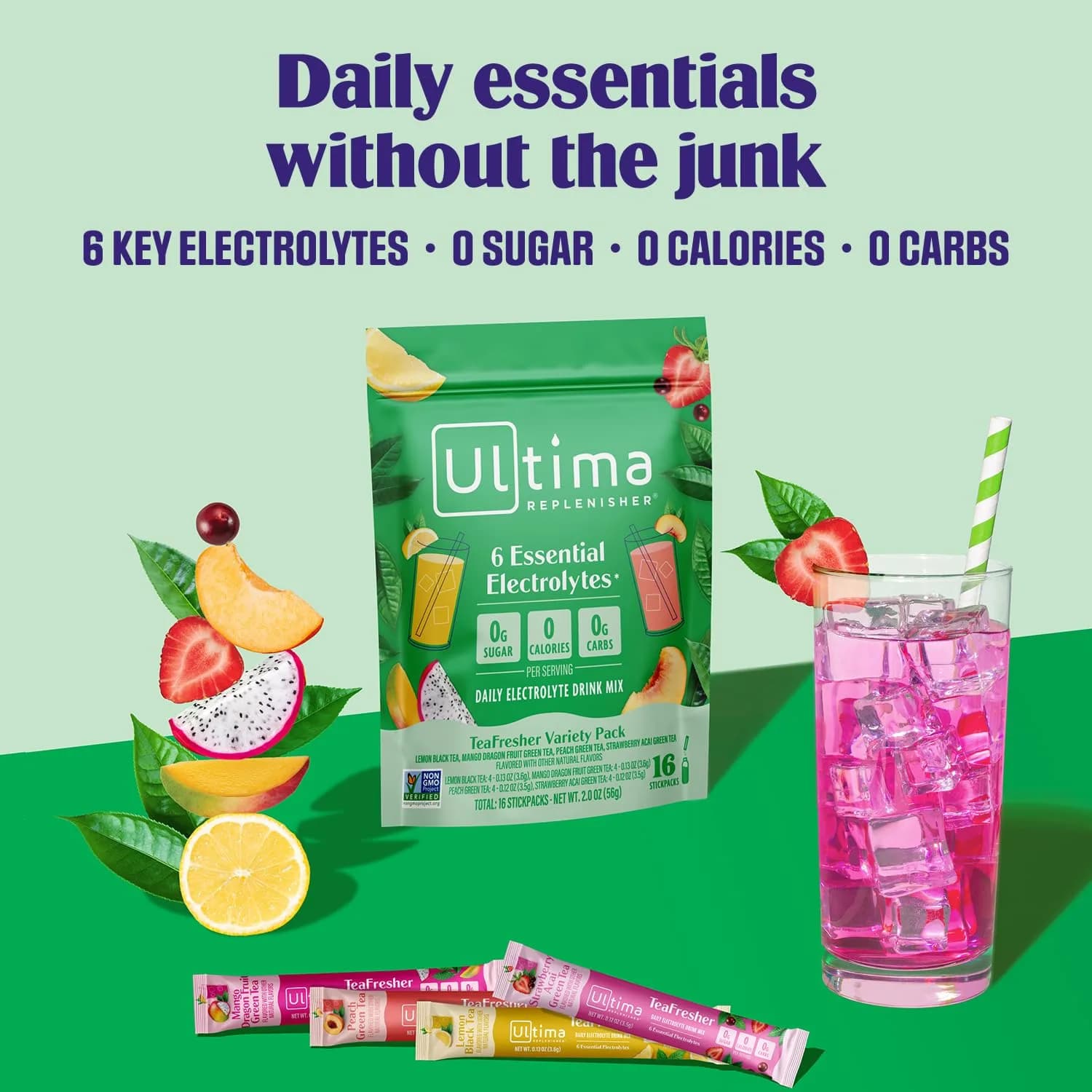 Ultima Replenisher Electrolyte Powder & Instant Tea Drink Mix, TeaFresher Variety, 16 Stickpacks | Sugar Free Hydration with Fruit & Tea Fusions thumbnail 2