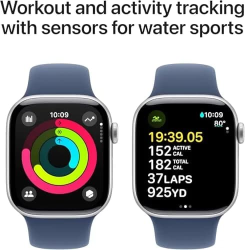 Apple Watch Series 10 [GPS, 42mm] Silver Aluminum Case with Denim Sport Band, M/L (Renewed) | 1.65 inches (42mm) AMOLED Display thumbnail 2