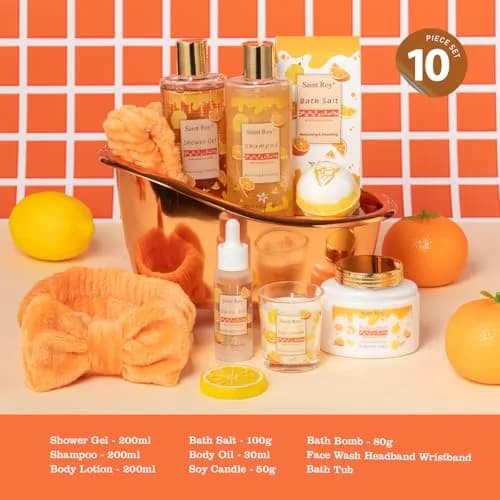 Saint Roy Orange Spa Gift Set for Women | 11-Piece Bath & Body Care Set with Reusable Bathtub thumbnail 2
