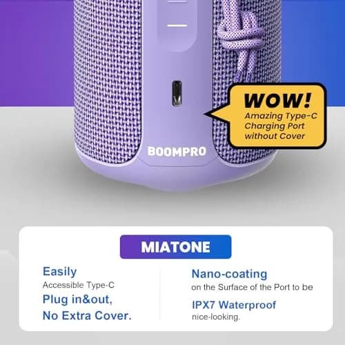 MIATONE Boompro Bluetooth Speaker 36W Stereo Sound, 7.4"H x 3.07"D x 3.07"W | Purple, IPX7 Waterproof thumbnail 5