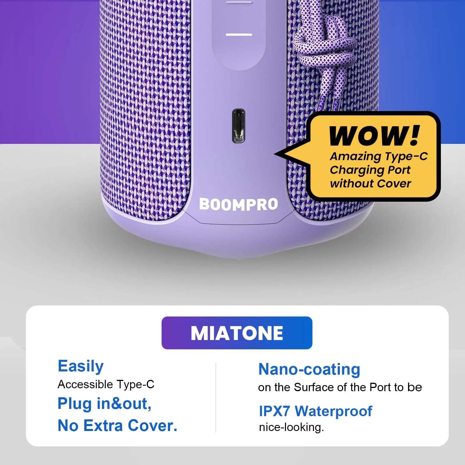 MIATONE Boompro Bluetooth Speaker 36W Stereo Sound, 7.4"H x 3.07"D x 3.07"W | Purple, IPX7 Waterproof - view 5