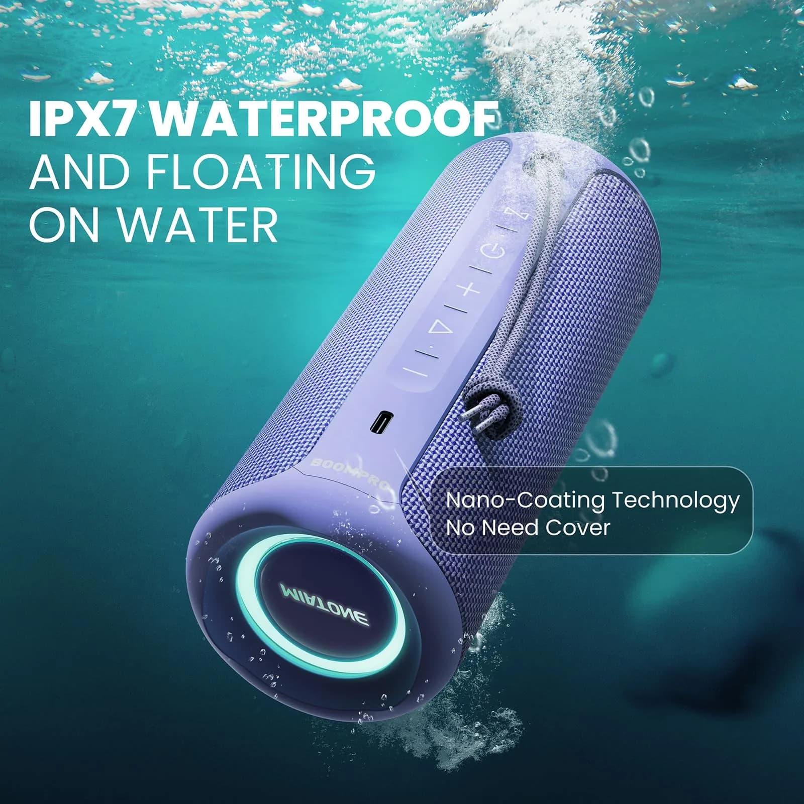 MIATONE Boompro Bluetooth Speaker 36W Stereo Sound, 7.4"H x 3.07"D x 3.07"W | Purple, IPX7 Waterproof - view 6