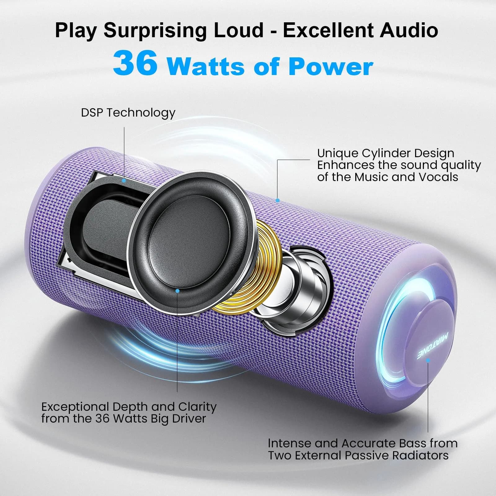 MIATONE BOOMPRO Portable Bluetooth Speaker 36W Stereo Sound - 7.4 inch (19 cm) - Purple - view 2