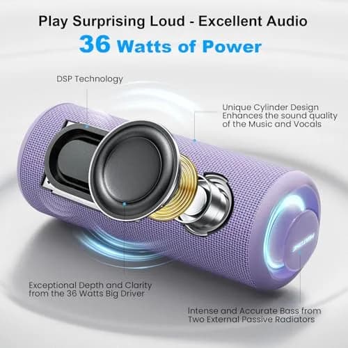 MIATONE Boompro Bluetooth Speaker 36W Stereo Sound, 7.4"H x 3.07"D x 3.07"W | Purple, IPX7 Waterproof thumbnail 2