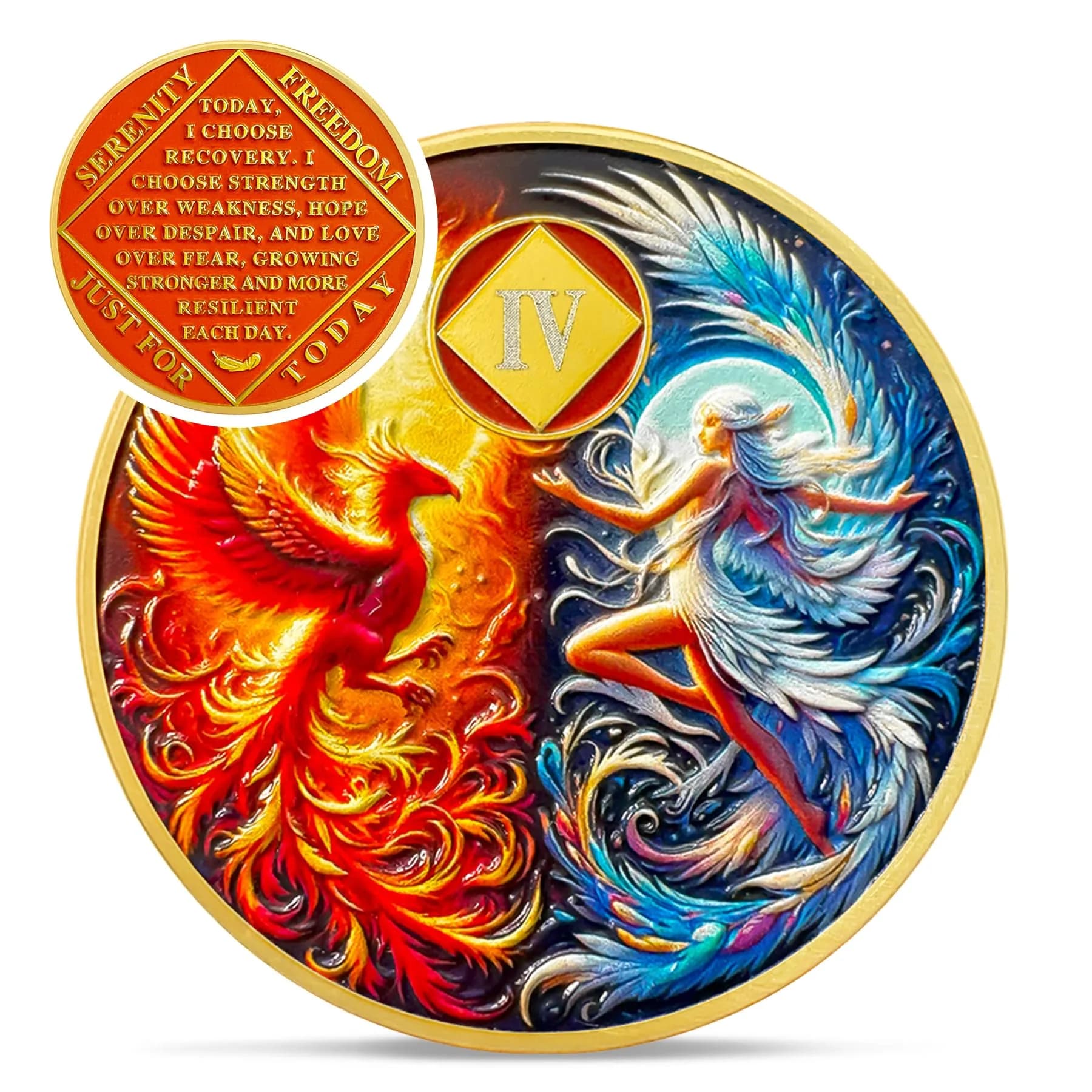 IELCJJ Phoenix Fairy 4 Year Na Medallions | Sun & Moon Sobriety Coin, 1.37" Diameter, Gold Plated, Recovery Milestone