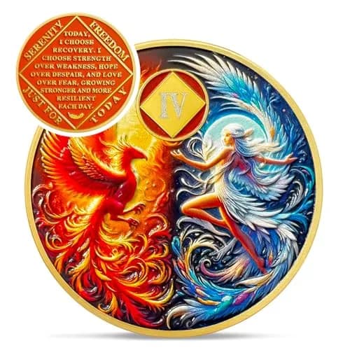 IELCJJ Phoenix Fairy 4 Year Na Medallions | Sun & Moon Sobriety Coin, 1.37" Diameter, Gold Plated, Recovery Milestone thumbnail 1
