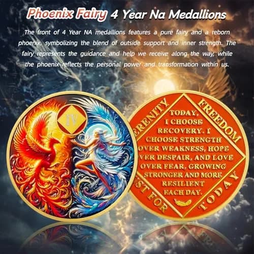 IELCJJ Phoenix Fairy 4 Year Na Medallions | Sun & Moon Sobriety Coin, 1.37" Diameter, Gold Plated, Recovery Milestone thumbnail 2