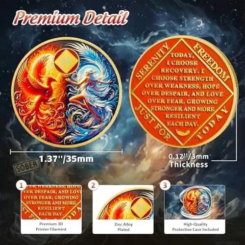 IELCJJ Phoenix Fairy 4 Year Na Medallions | Sun & Moon Sobriety Coin, 1.37" Diameter, Gold Plated, Recovery Milestone thumbnail 3