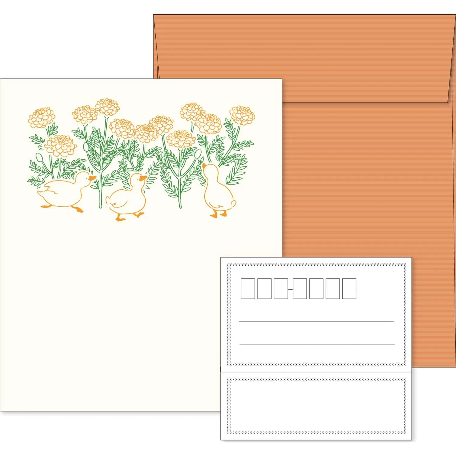 エルコミューン LTS-103 Petit et Grand Duck Letter Set | Unique Typography Texture, Thin Striped Envelopes, 6 Sheets, 3 Envelopes, Address Labels — Duck