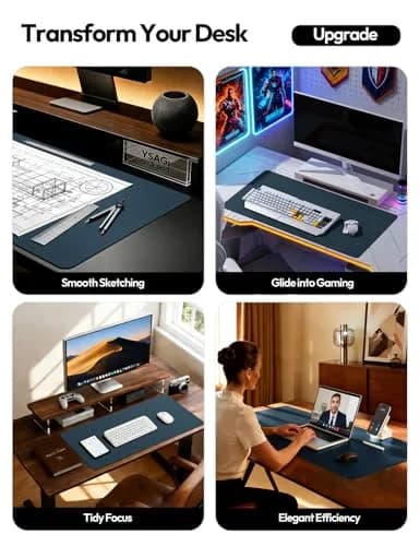 YSAGi Dark Blue Leather Desk Pad Protector 117cm x 43cm (47" x 17") | Protects Desk Surface, Doubles as Large Mouse Pad thumbnail 2