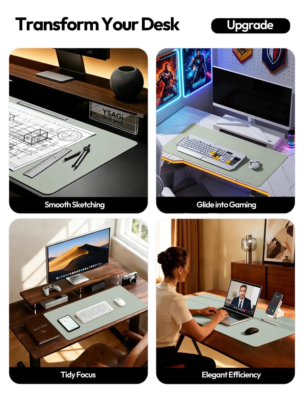 YSAGi Grayish Green Desk Pad Protector Large Mouse Pad (47" x 17") | Protects Desk Surface