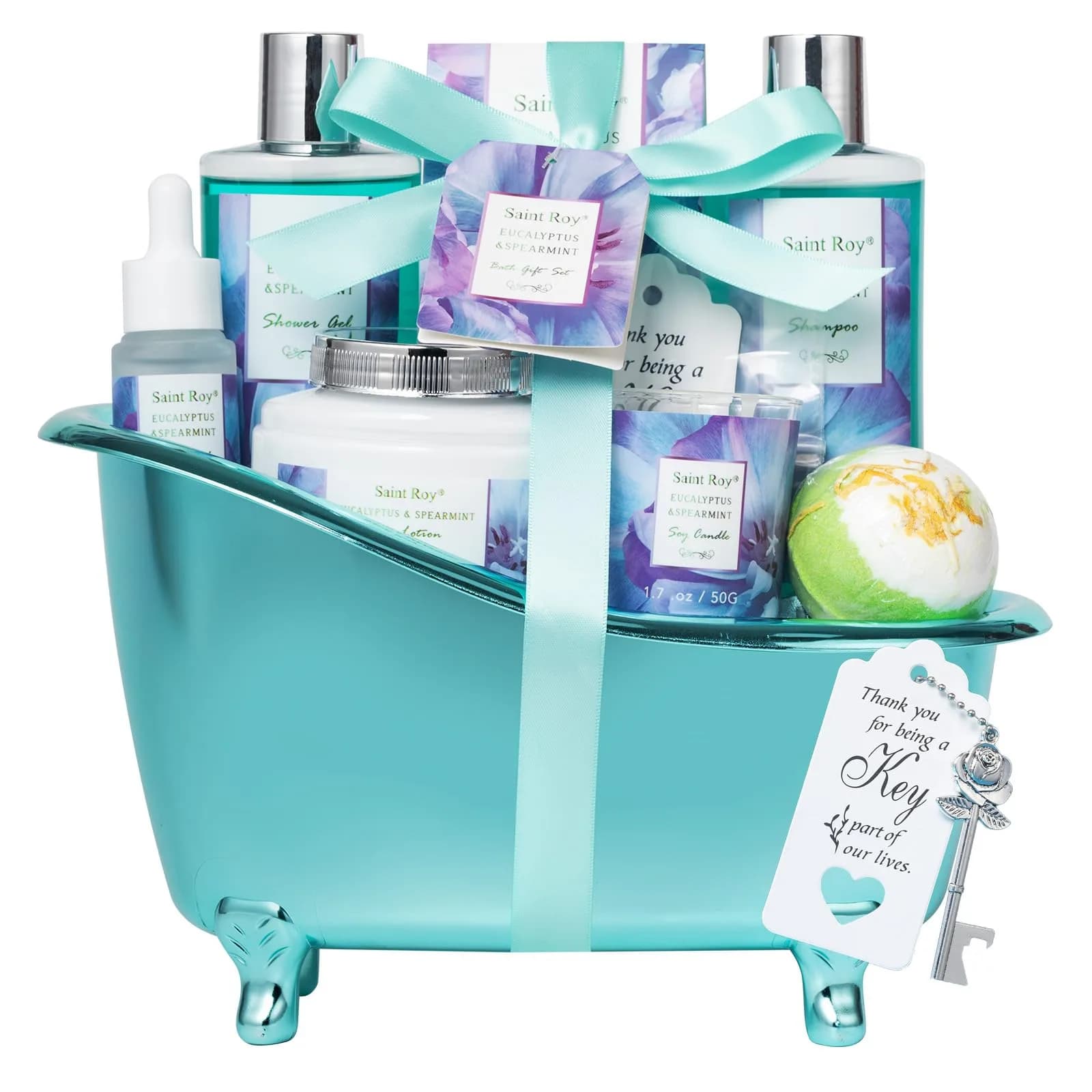 Saint Roy Eucalyptus & Mint Spa Gift Basket for Women - 9-Piece Set | 210ml (7.1 Fl Oz) Body Wash & Bubble Bath - main product image