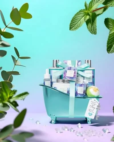Saint Roy Eucalyptus & Mint Spa Gift Basket for Women - 9-Piece Set | 210ml (7.1 Fl Oz) Body Wash & Bubble Bath thumbnail 4