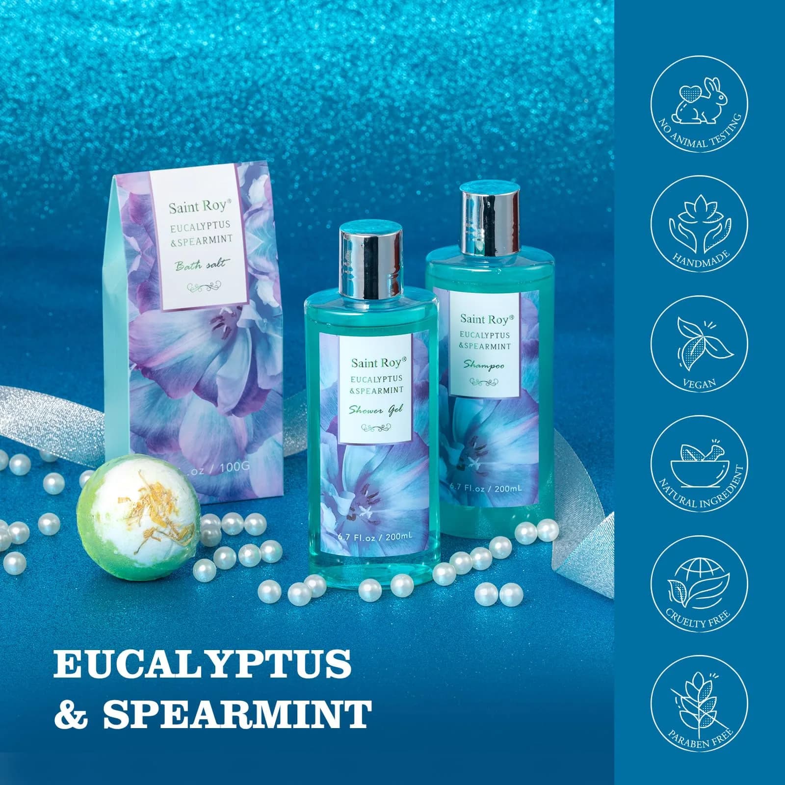 Saint Roy Eucalyptus & Mint Spa Gift Basket for Women - 9-Piece Set | 210ml (7.1 Fl Oz) Body Wash & Bubble Bath - view 6