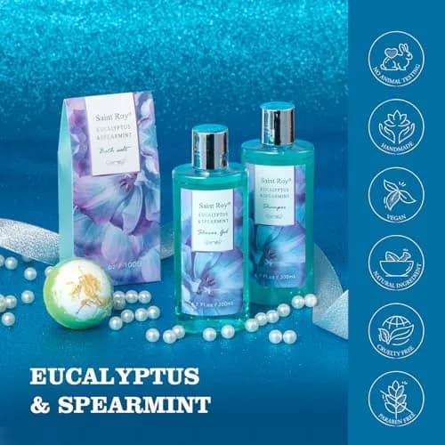 Saint Roy Eucalyptus & Mint Spa Gift Basket for Women - 9-Piece Set | 210ml (7.1 Fl Oz) Body Wash & Bubble Bath thumbnail 6