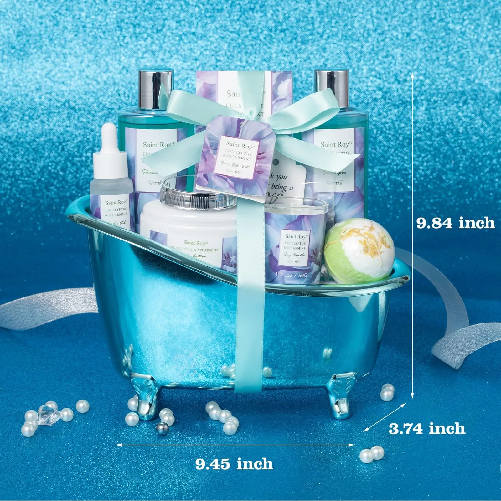 Saint Roy Eucalyptus & Mint Spa Gift Basket for Women - 9-Piece Set | 210ml (7.1 Fl Oz) Body Wash & Bubble Bath - view 7