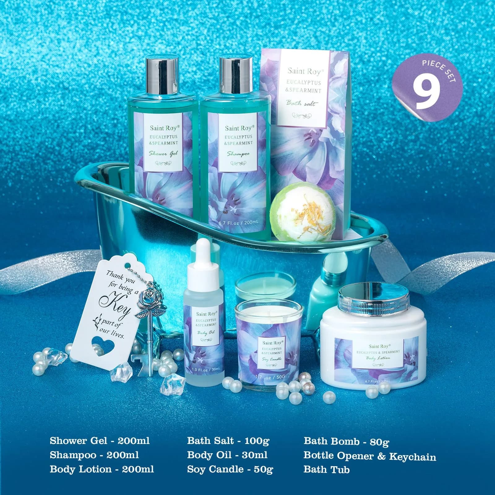 Saint Roy Eucalyptus & Mint Spa Gift Basket for Women - 9-Piece Set | 210ml (7.1 Fl Oz) Body Wash & Bubble Bath - view 2