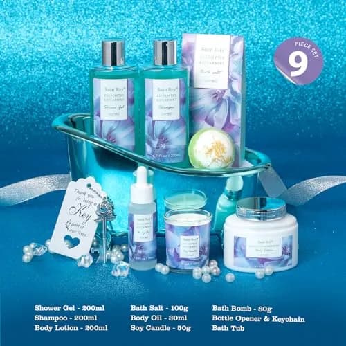 Saint Roy Eucalyptus & Mint Spa Gift Basket for Women - 9-Piece Set | 210ml (7.1 Fl Oz) Body Wash & Bubble Bath thumbnail 2