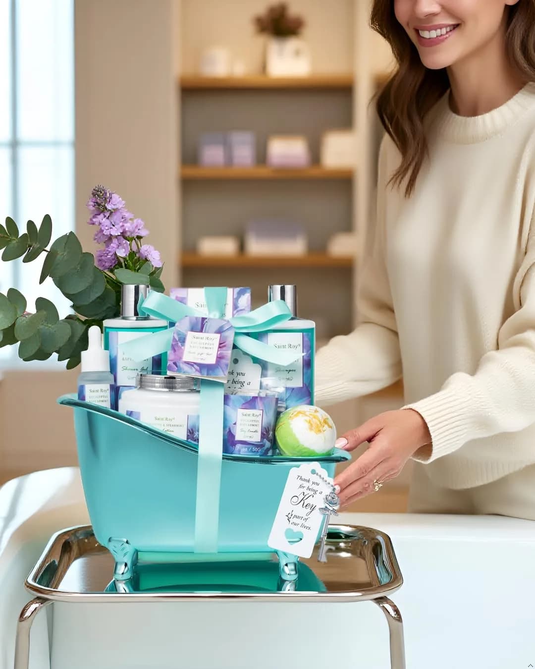 Saint Roy Eucalyptus & Mint Spa Gift Basket for Women - 9-Piece Set | 210ml (7.1 Fl Oz) Body Wash & Bubble Bath - view 3