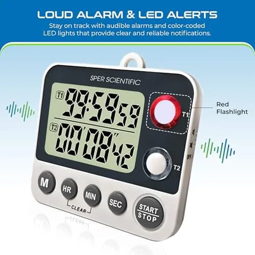 Sper Scientific 2 Channel Digital Lab Kitchen Timer 8.89cm (3.5in) | Dual Countdown Timer with Large Display & Loud Alarm thumbnail 4