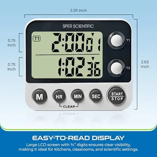 Sper Scientific 2 Channel Digital Lab Kitchen Timer 8.89cm (3.5in) | Dual Countdown Timer with Large Display & Loud Alarm thumbnail 3