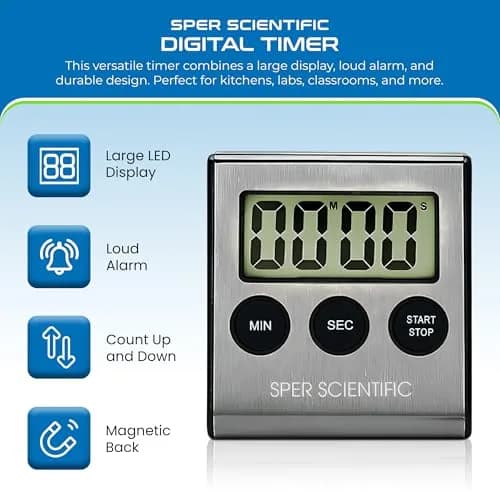 Sper Scientific Stainless Steel Digital Lab Timer 810028A – Compact with Large Display & Loud Alarm (1 Pack) thumbnail 2