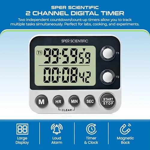 Sper Scientific 2 Channel Digital Lab & Kitchen Timer 2-Pack | Dual Countdown Timer with Large Display & Loud Alarm thumbnail 2