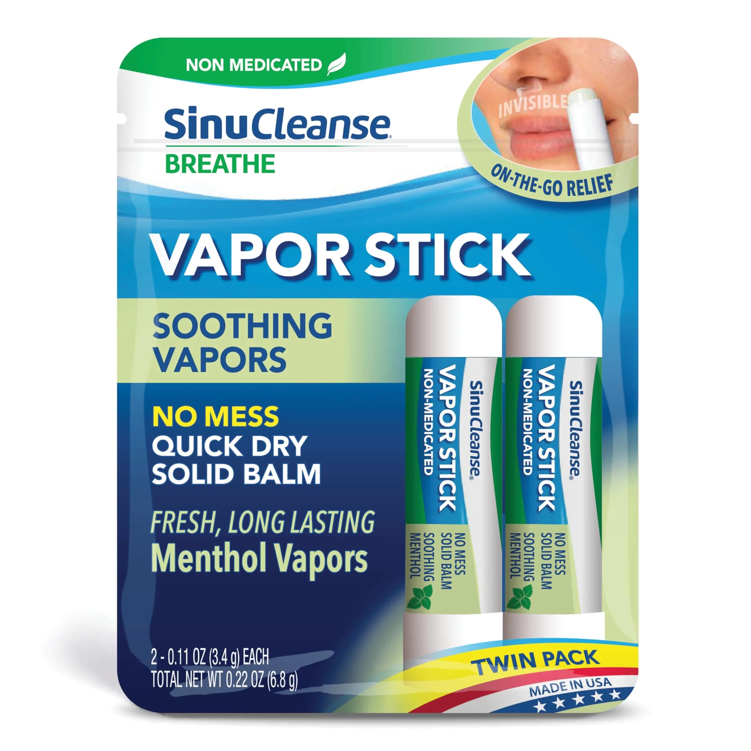 SinuCleanse Vapor Stick 0.11 Oz Solid Balm | Portable Nasal Relief, Non-Medicated, Made in USA — 0.11 Ounce