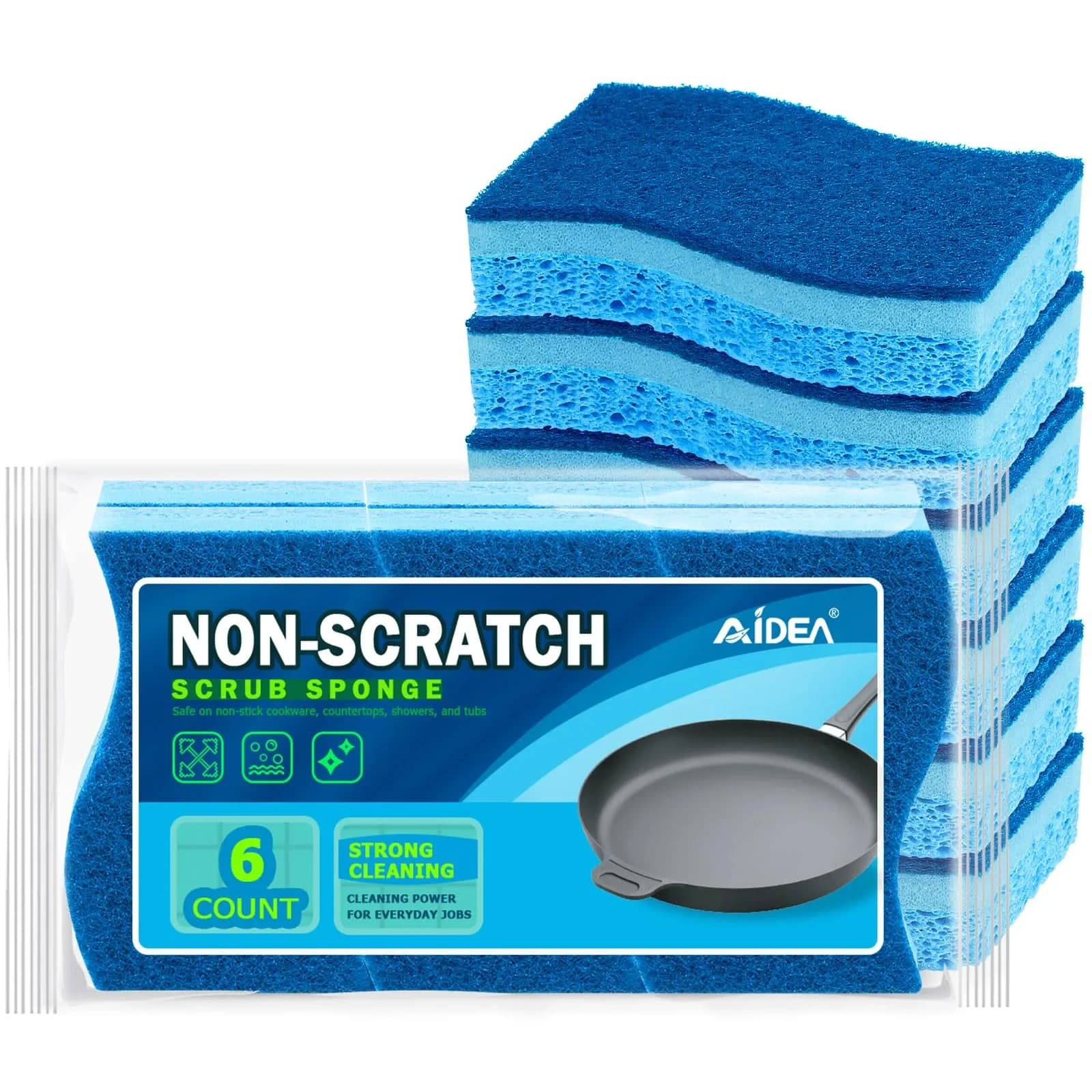 AIDEA Kitchen Sponges 6 Count, Light-Blue | Non-Scratch Scrub Sponge for Dishes & Surfaces