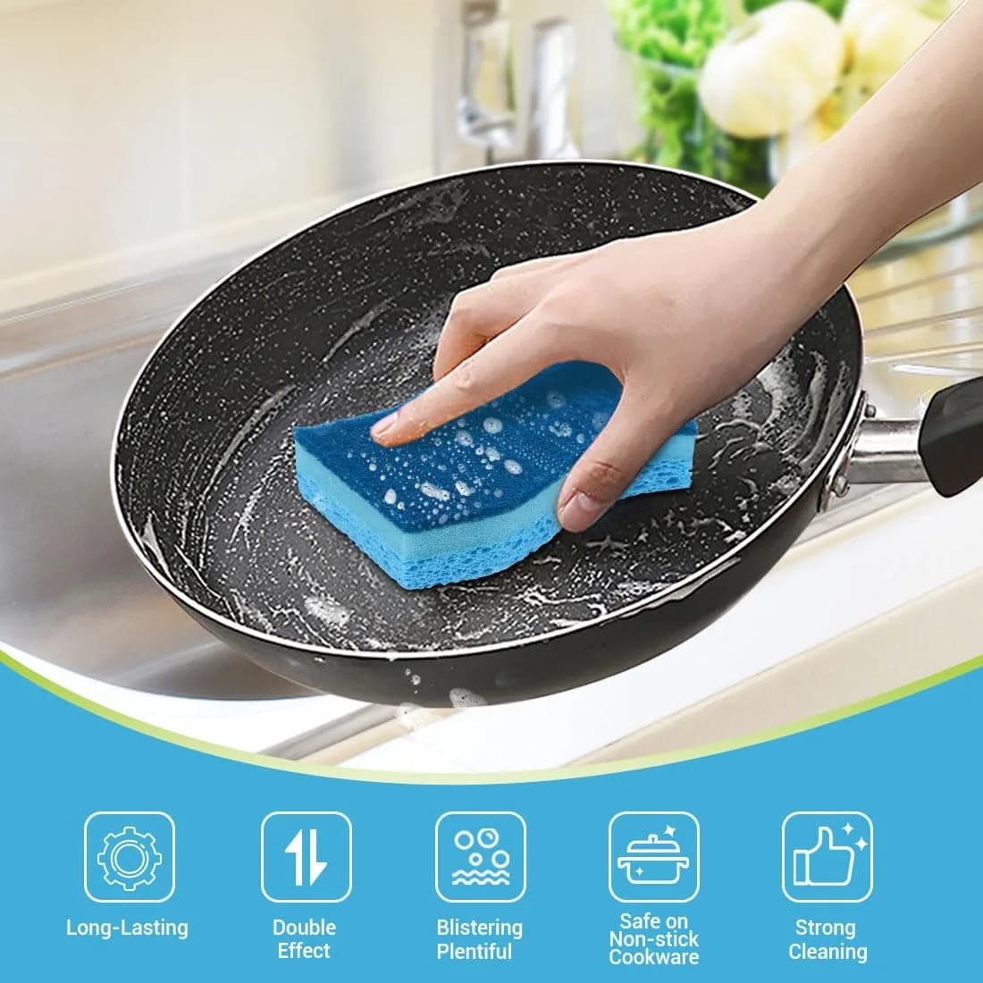 AIDEA Non-Scratch Scrub Sponges with Scouring Pad, 6-Count, Light Blue | Biodegradable Kitchen Cleaning Power - view 2