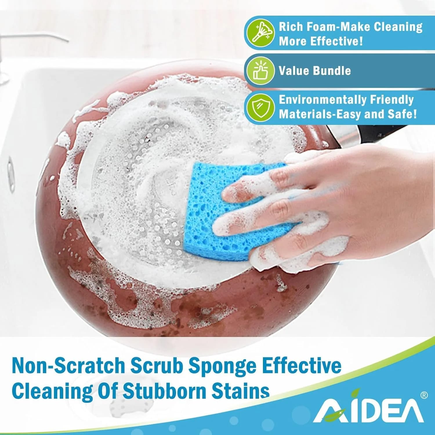 AIDEA Non-Scratch Scrub Sponges with Scouring Pad, 6-Count, Light Blue | Biodegradable Kitchen Cleaning Power - view 7