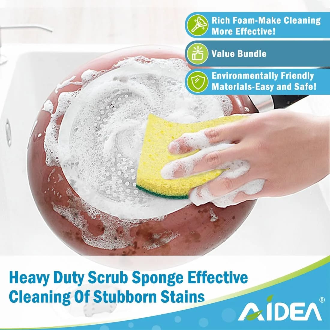 AIDEA Heavy-Duty Scrub Sponge, 6-Count, Non-Coated Cookware Safe, Light-Green | Powerful Cleaning Imported - view 4