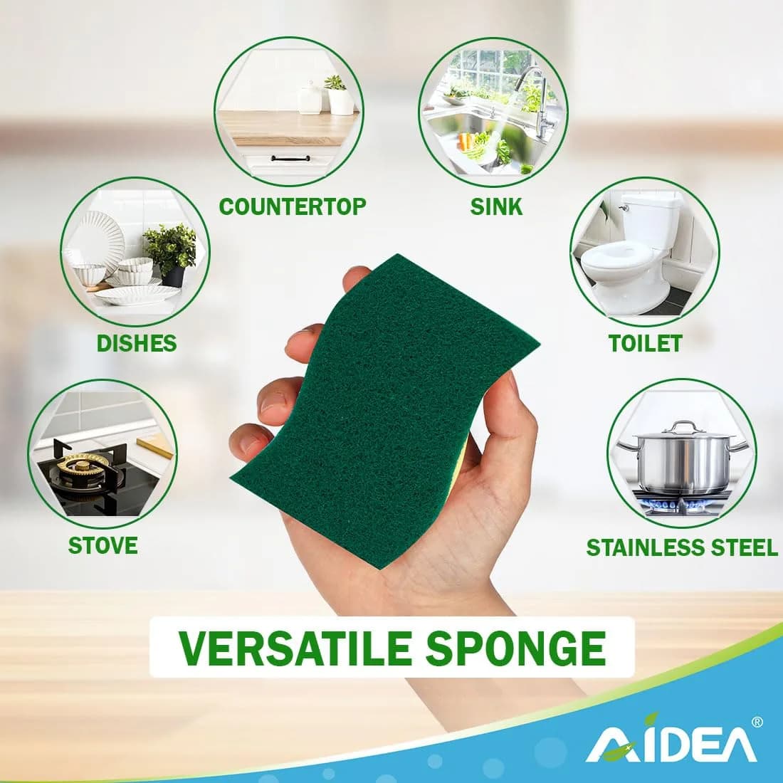 AIDEA Heavy-Duty Scrub Sponge, 6-Count, Non-Coated Cookware Safe, Light-Green | Powerful Cleaning Imported - view 6