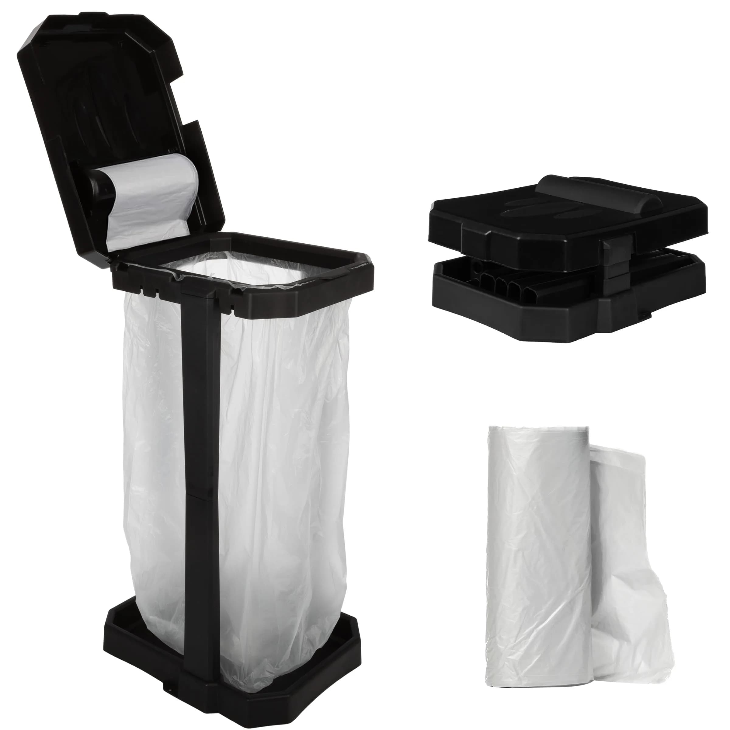 Wakeman Heavy Duty Black Trash Bag Portable Trash Bag Holder Stand with 7 Bags | Collapsible Outdoor & Indoor Garbage Bin — Heavy Duty Black