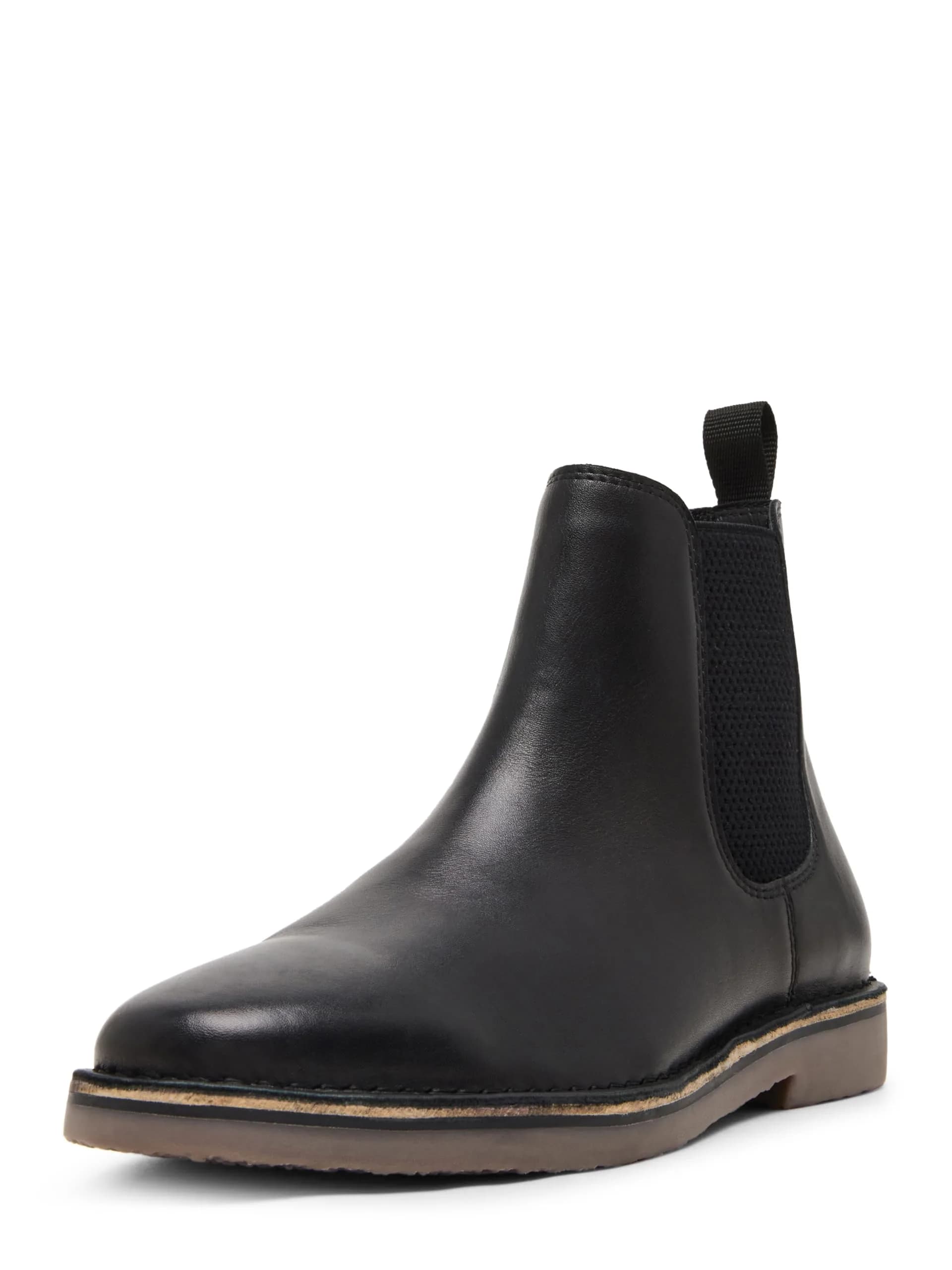 Steve Madden Chelsea Boot 11 | Black Leather, Ankle-High, Slip-On, Solid, All Seasons