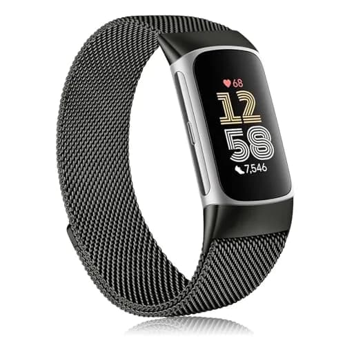 AK Metal Band Compatible with Fitbit Charge 6, Black Stainless Steel Mesh Loop Magnetic Replacement Strap | Adjustable Fit for 135-215mm Wrists thumbnail 1